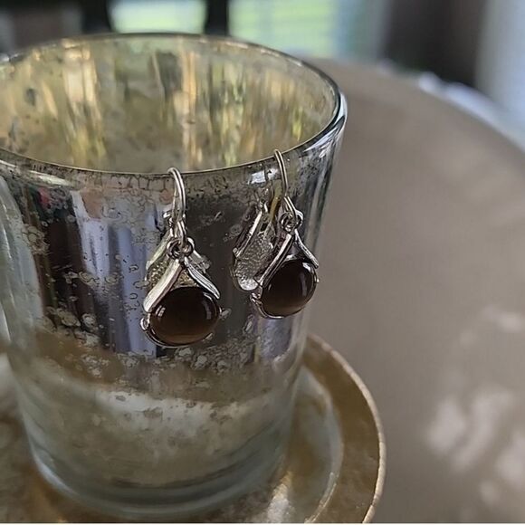 Vintage Tiger Eye Hook Earrings On Silver Tone Setting - Picture 3 of 5